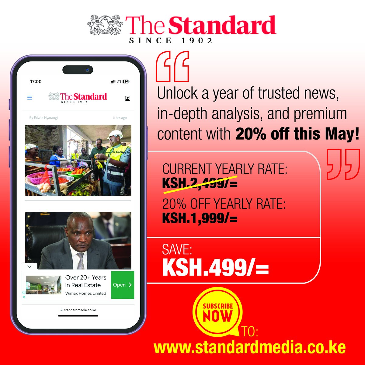 ⚠️ Everyone’s talking about it…
But are you reading the real story?

This May, join the in-the-know readers on standardmedia.co.ke — now at 20% OFF!

🎯 Subscribe → standardmedia.co.ke

#FactsFirst #MayOffer #StandardINSiDER