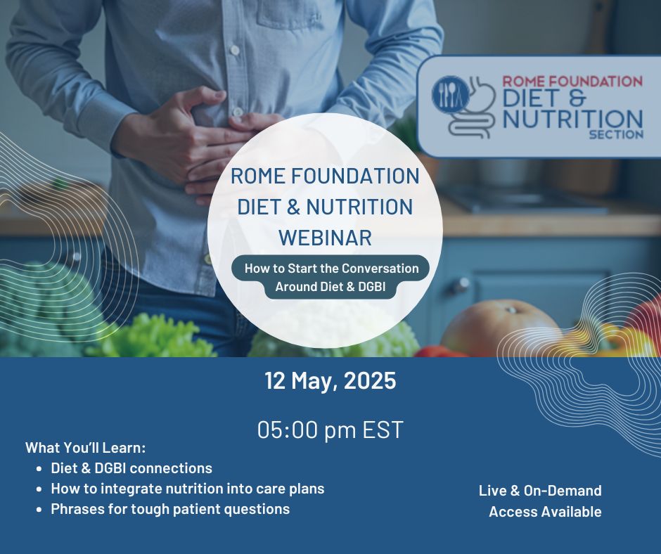 RFDietNutrition's tweet image. Join us for a free webinar "How to Start the Conversation Around Diet and DGBI" with Dr. Joshua Novak and Clinical Research Dietitian Bethany Doerfler
Register: romefoundation.clickfunnels.com/optin174465798…
On-demand recording available after May 14th on the website: theromefoundation.org/rome-diet-and-…