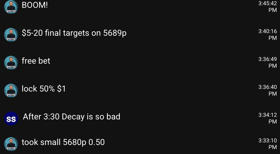 Who loves a spectre special?

$SPX paid again like clock work!  
We scooped 5680p for 0.50.  Target $5-$20.  
It got to $17!!!!!   

A small $1000 bet take 50% of at $1 to make ir risk free, would have let you made $5000-17000 in under 30 minutes.

How is that for planning