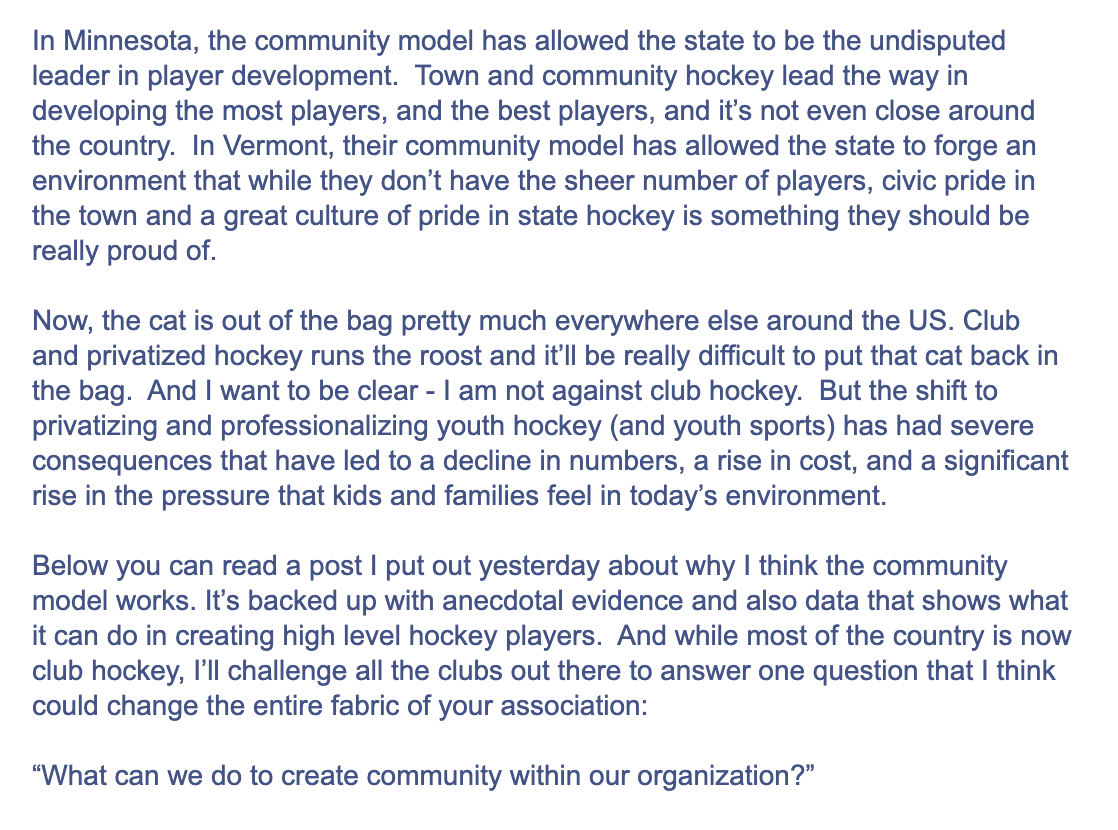 Every Wednesday we send out a free weekly newsletter. Here's a portion of it from this week on creating community. To sign up, click the link below!

🖇️: thehockeythinktank.com/newsletter-sig…