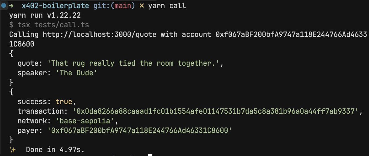 First attempt to test the x402 protocol from <a href="/CoinbaseDev/">Coinbase Developer Platform🛡️</a>, implemented and up and running in less than 10 minutes, I've spent more time polishing the docs than integrate it, awesome!

Spend even less time, open-source boilerplate with test files and <a href="/Docker/">Docker</a> here:
