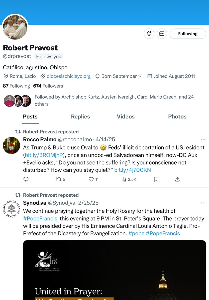 CairaLovesOL's tweet image. El ultimo RT del Cardenal Prevost ahora Papa León XIV dandole palo la iglesia católica de USA por no protestar por lo que hace Trump.
La Iglesia escogió un gringo para que le diera duro uno de casa. Por eso dijo: "evil will not prevail". Son señales.