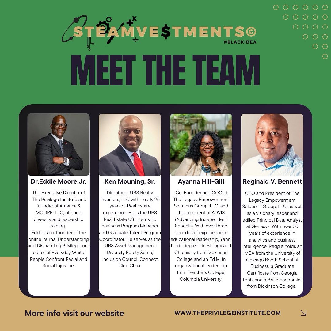 Meet the powerhouse team behind STEAMVE$TMENTS!

From award-winning diversity expert Dr. Eddie Moore Jr. to leaders in finance, education, and data like Ken Mouning, Ayanna Hill-Gill, and Reginald Bennett 

Sign up now to join the movement: theprivilegeinstitute.com/steamvestments