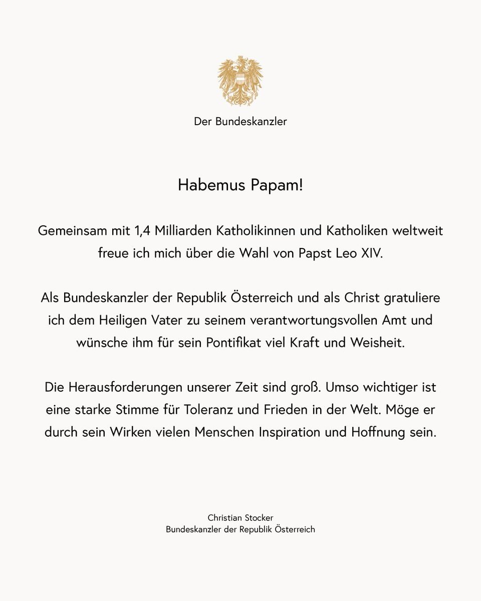 _CStocker's tweet photo. Habemus Papam!

Ich gratuliere Papst Leo XIV. zu seinem verantwortungsvollen Amt und wünsche ihm für sein Pontifikat viel Kraft und Weisheit. https://t.co/zrrRVWSoEI
