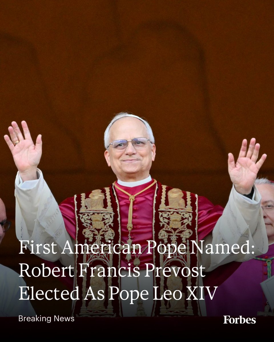 Forbes's tweet photo. BREAKING NEWS: Cardinal Dominique Mamberti announced Prevost as pope on the balcony of St. Peter’s Basilica on Thursday evening, about an hour after white smoke billowed from the Sistine Chapel. https://t.co/WWpOVFrmsP (Photo: ALBERTO PIZZOLI/AFP via Getty Images) https://t.co/4XZkrA0lib
