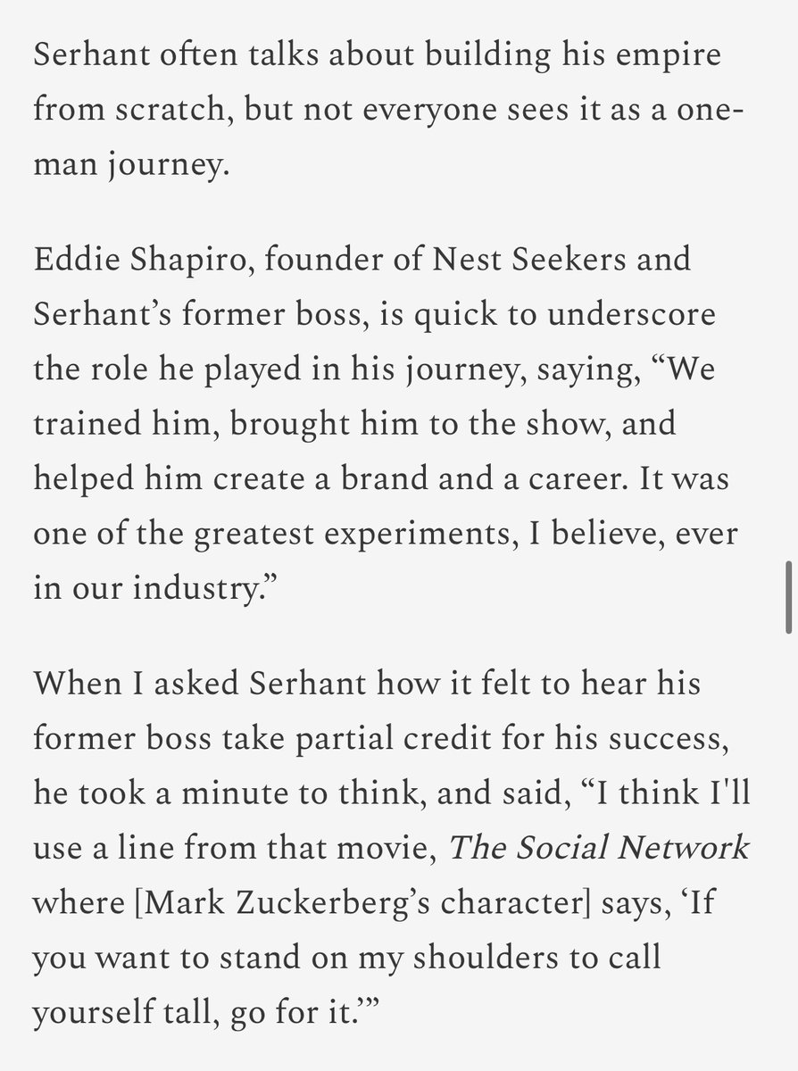 A former boss tried to take credit for Ryan Serhant’s success.

In his response, Ryan quoted Mark Zuckerberg's character in The Social Network:

“If you want to stand on my shoulders to call yourself tall, go for it.”

readtheprofile.com/p/ryan-serhant…