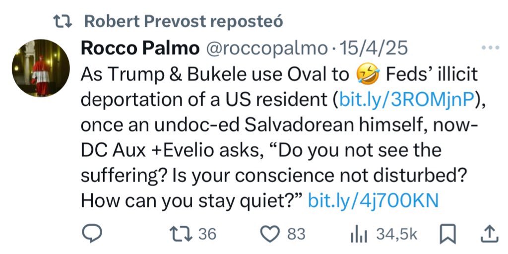 mariocstrv's tweet image. 🇺🇸🇻🇦ATENCIÓN: El último retuit del papa León XIV antes del cónclave fue un artículo en el que el obispo auxiliar de la archidiócesis de Washington critica las deportaciones de Trump:

«¿No ves el sufrimiento? ¿No te remuerde la conciencia? ¿Cómo puedes quedarte callado?».