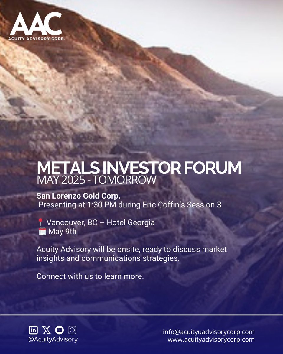 Acuity Advisory Corp. (@acuityadvisory) on Twitter photo Join us tomorrow at the Metals Investor Forum in Vancouver. <a href="/sanlorenzogold/">San Lorenzo Gold Corp.</a> will be presenting at 1:30 PM during Eric Coffin’s Session 3.
We’ll be onsite to discuss industry insights and communications strategies.
Connect with us.
#Mining #SLG #Gold #Copper #Chile Join us tomorrow at the Metals Investor Forum in Vancouver. <a href="/sanlorenzogold/">San Lorenzo Gold Corp.</a> will be presenting at 1:30 PM during Eric Coffin’s Session 3.
We’ll be onsite to discuss industry insights and communications strategies.
Connect with us.
#Mining #SLG #Gold #Copper #Chile