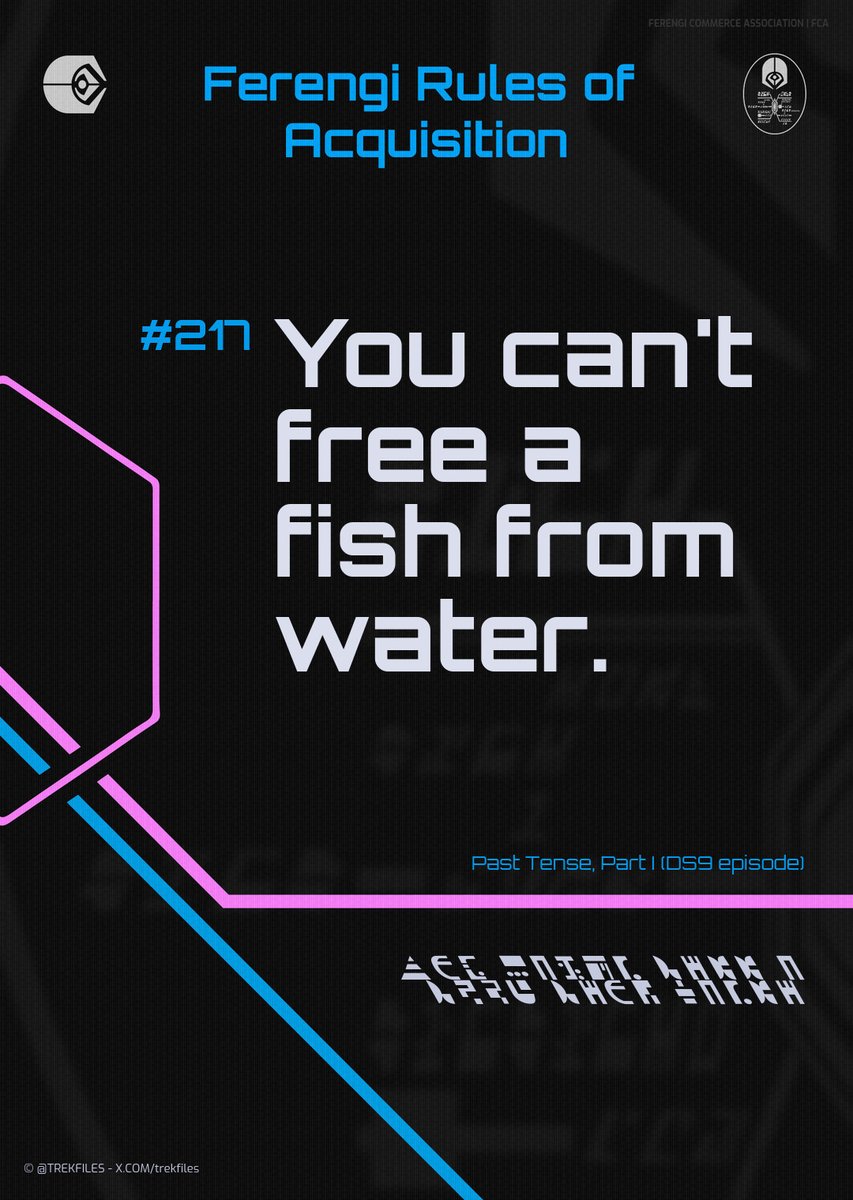 trekfiles's tweet photo. #217 You can't free a fish from water. Past Tense, Part I (DS9 episode) #startrek #ferengi #ferengirules @startrekcruise #sttos @4TerryFarrell #StarTrekTOS #stdiscovery @GarrettRWang @timruss2 @ChaseMasterson #discovery https://t.co/CynFE3UaRt