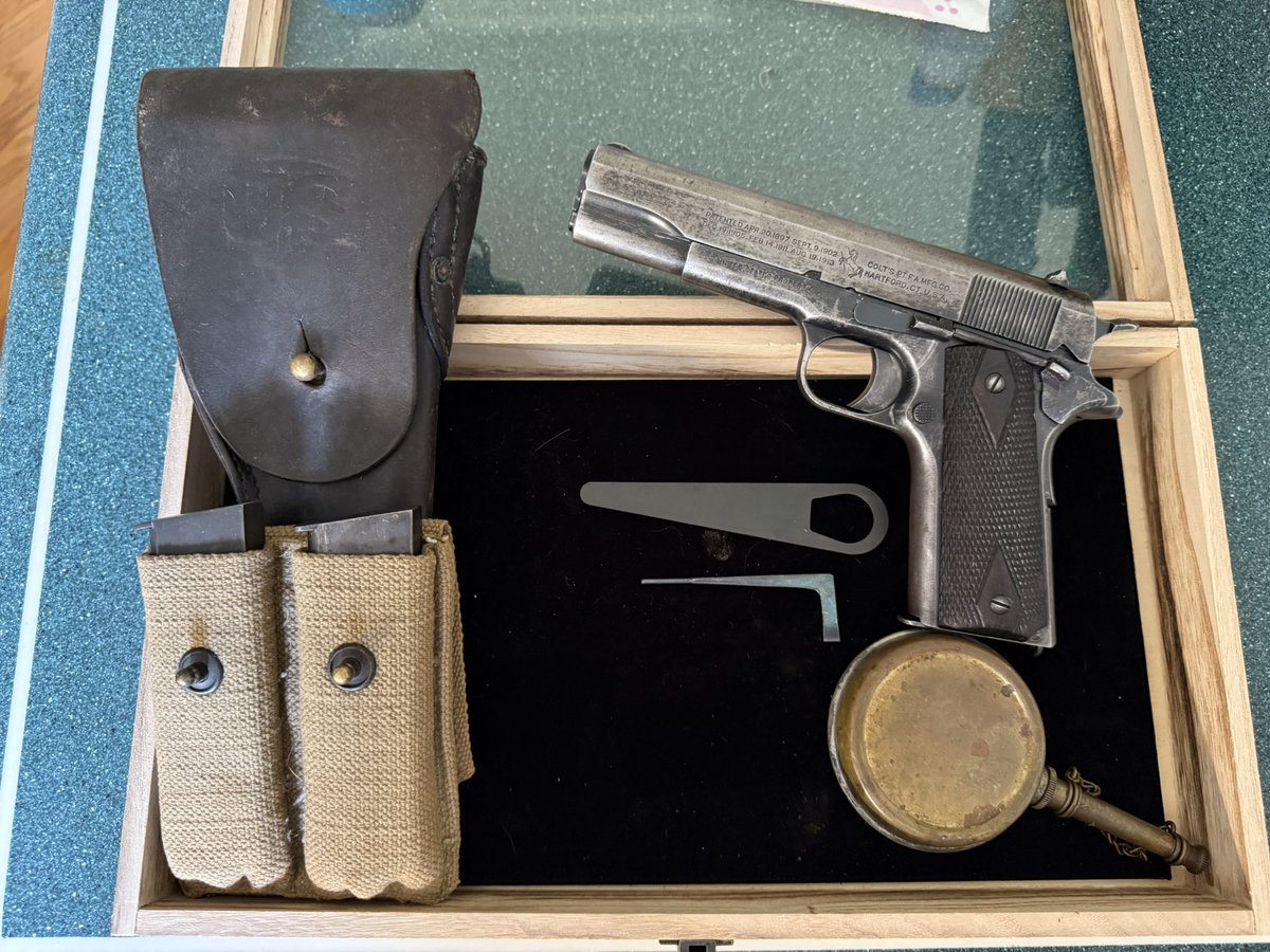 My latest acquisition. A WWI issued Colt 1911 that was manufactured in July 1917. All original with no replaced parts. Original disassembly tools, oiler, leather holster, canvas mag carrier, and three magazines. Waiting on the letter of Provenance from Colt.