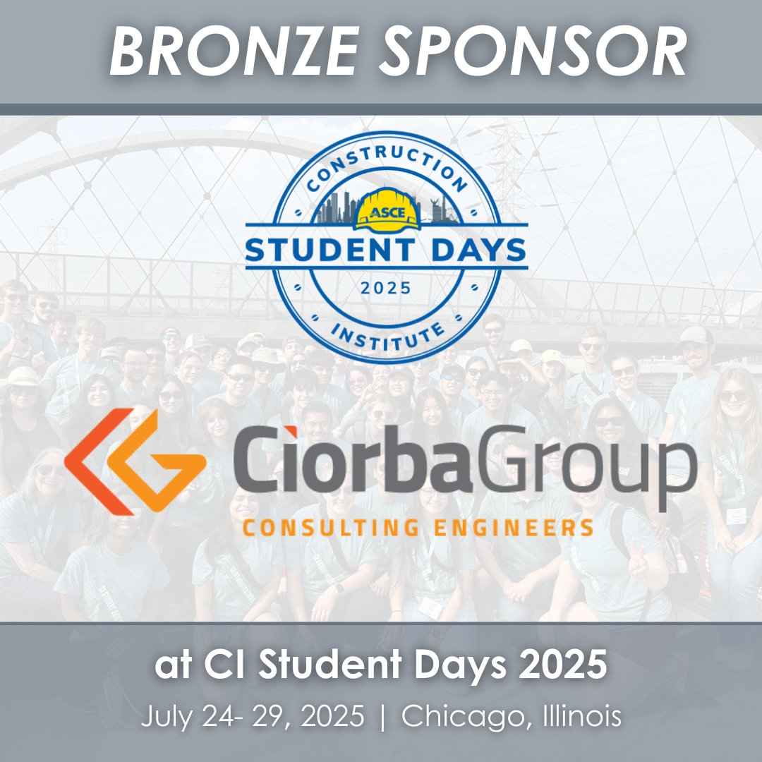 We’re thrilled to welcome Ciorba Group, Inc. as our newest Bronze Sponsor for CI Student Days 2025 in Chicago, Illinois! 🎉 Their support helps us empower the next generation of infrastructure professionals. 🚧#CIStudentDays #BronzeSponsor #CiorbaGroup