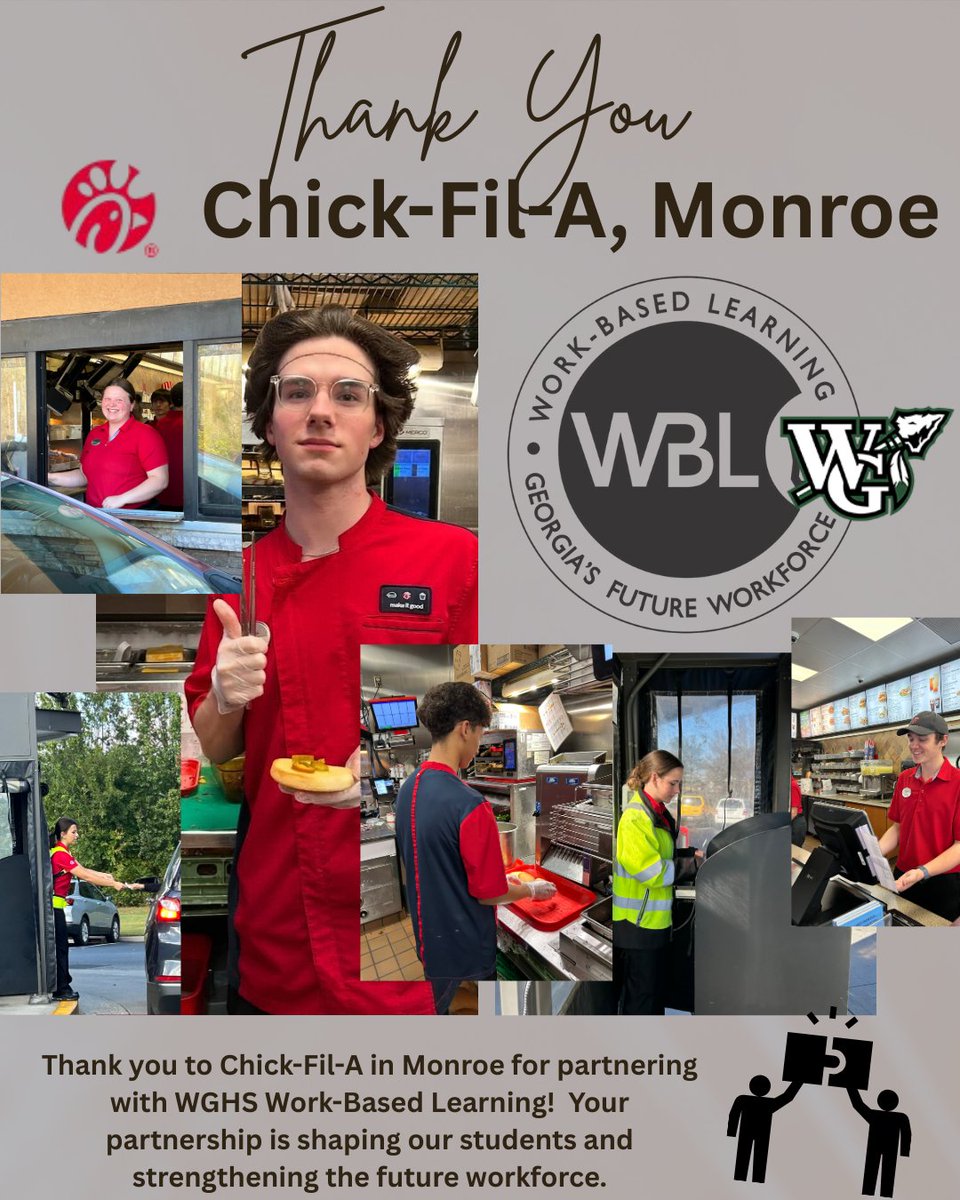 A big THANK YOU to Chick-fil-A Monroe for being an incredible WBL partner with Walnut Grove High School! Your support provides our students with real-world experience, &amp; we’re grateful for your partnership and the positive impact you’re making in the lives of our future workforce