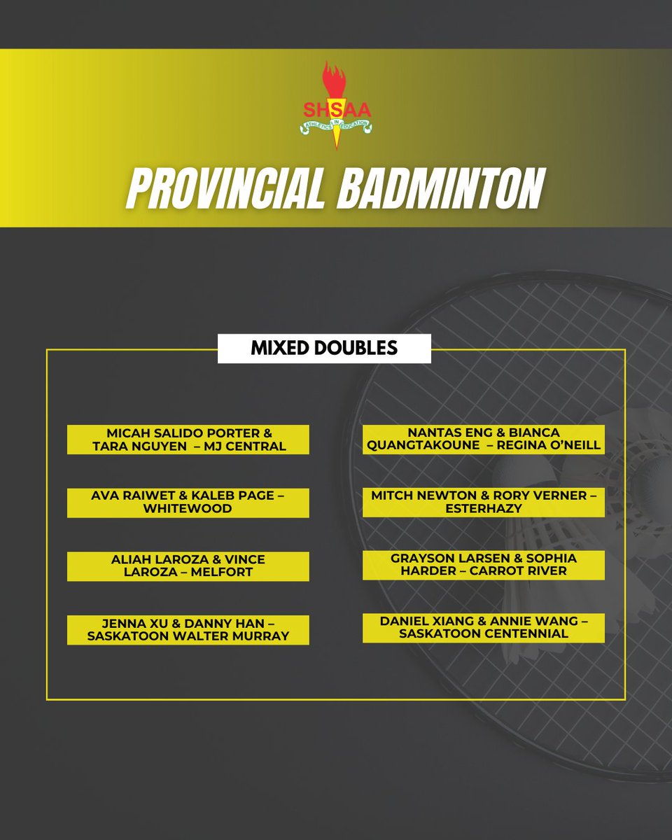 2025 SHSAA Provincial Badminton Championships
 🗓 Saturday, May 10
 🏫 Estevan Comprehensive School
 ⏰ 10:00am
 💻 Results at shsaa.ca