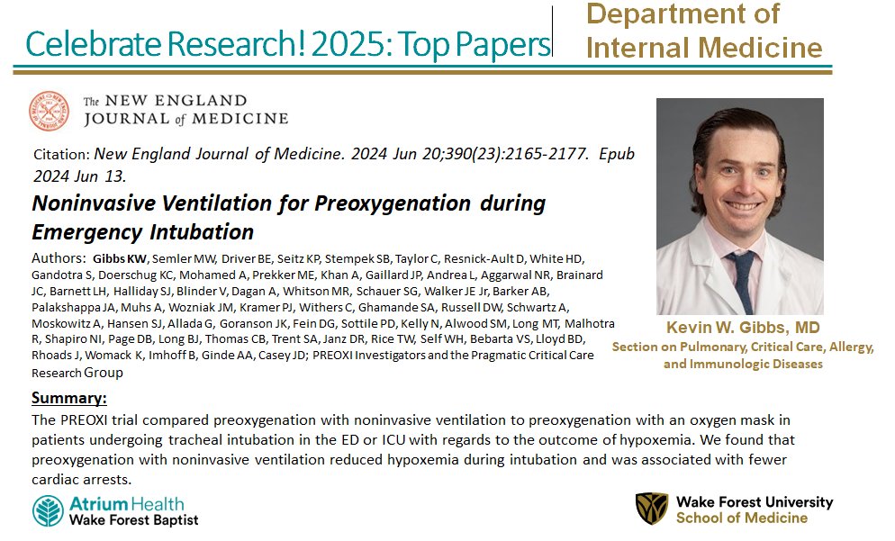 WakeForestIM's tweet image. Top Ten Papers (10/10): Grand finale of our department&apos;s top papers this year is Dr. Kevin Gibbs @WakePCCM  publication in @NEJM !