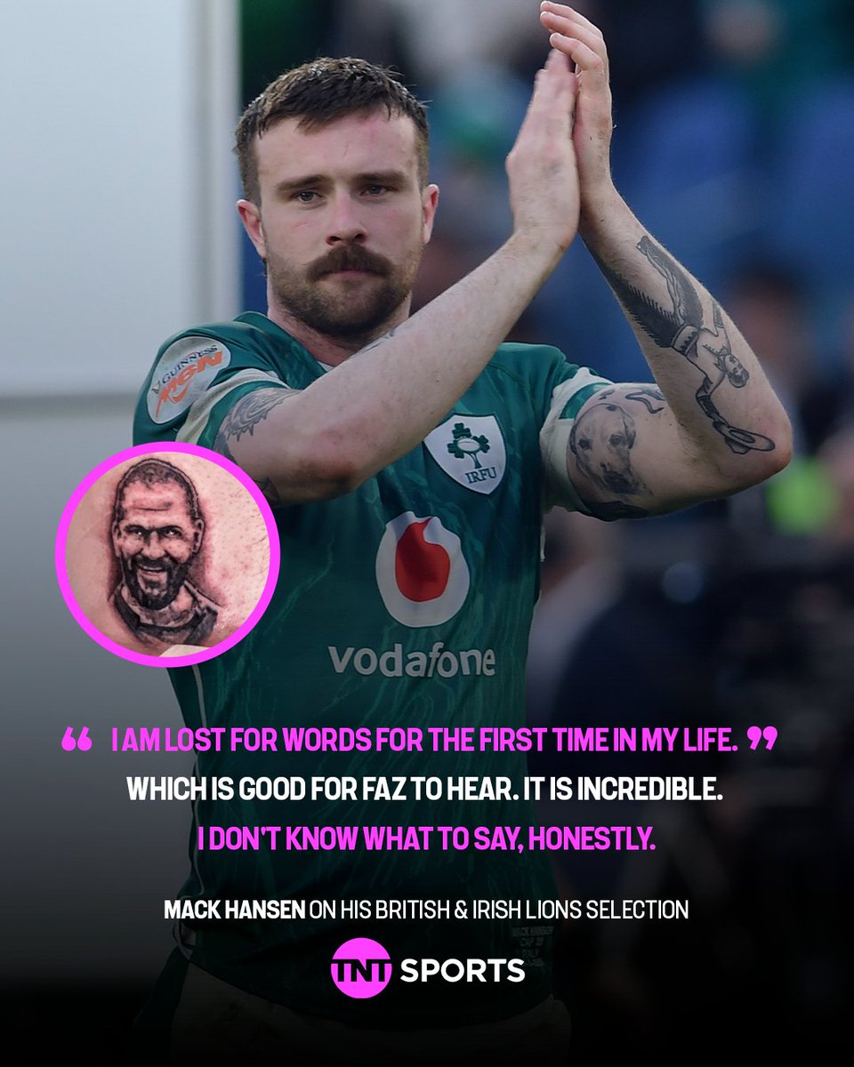 Mack Hansen did not know what to say about his @lionsofficial call-up 🤐 In  2023 the Ireland wing got a tattoo of Andy Farrell on his leg after winning  the @SixNationsRugby Grand, image size:960x1200