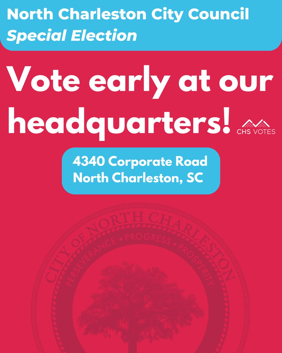 Charleston Votes (@charlestonvotes) on Twitter photo The early voting period is now open for the <a href="/NorthCharleston/">North Charleston</a> City Council Special Election!
Monday, May 12, 2025 – Friday, May 16, 2025
8:30 a.m. – 5 p.m.
Monday, May 19, 2025 – Friday, May 23, 2025
8:30 a.m. – 5 p.m.
#CHSVotes #CHSNews #scVOTES #VoteReady #VoteLocal The early voting period is now open for the <a href="/NorthCharleston/">North Charleston</a> City Council Special Election!
Monday, May 12, 2025 – Friday, May 16, 2025
8:30 a.m. – 5 p.m.
Monday, May 19, 2025 – Friday, May 23, 2025
8:30 a.m. – 5 p.m.
#CHSVotes #CHSNews #scVOTES #VoteReady #VoteLocal