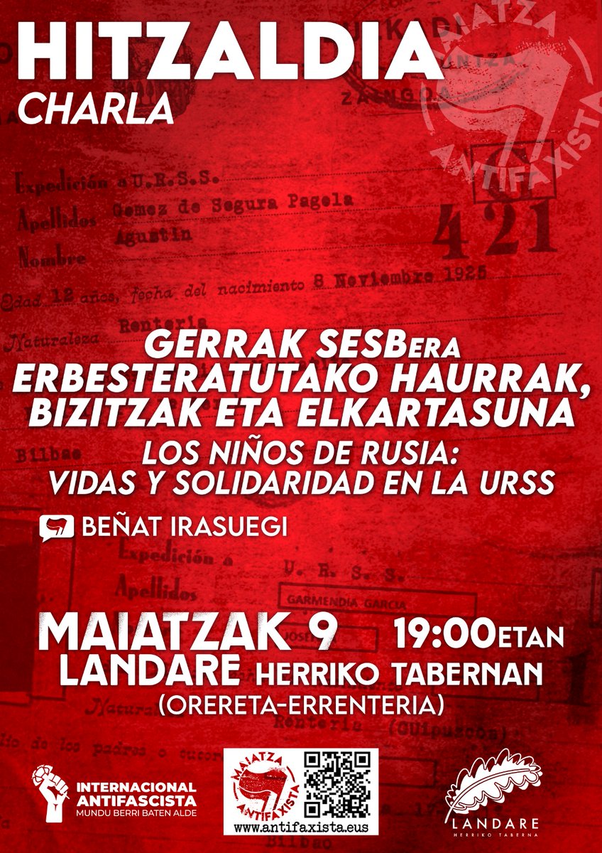 Bihar gure burkide Beñat Irasuegik bere aitonaren arreba, Laura Irasuegi Otal, zenaren esperientzia kontatuko du. "Gerrako humeen" inguruko hitzaldi interesgarria.

Laura Irasuegi Otal
eu.wikipedia.org/wiki/Laura_Ira…