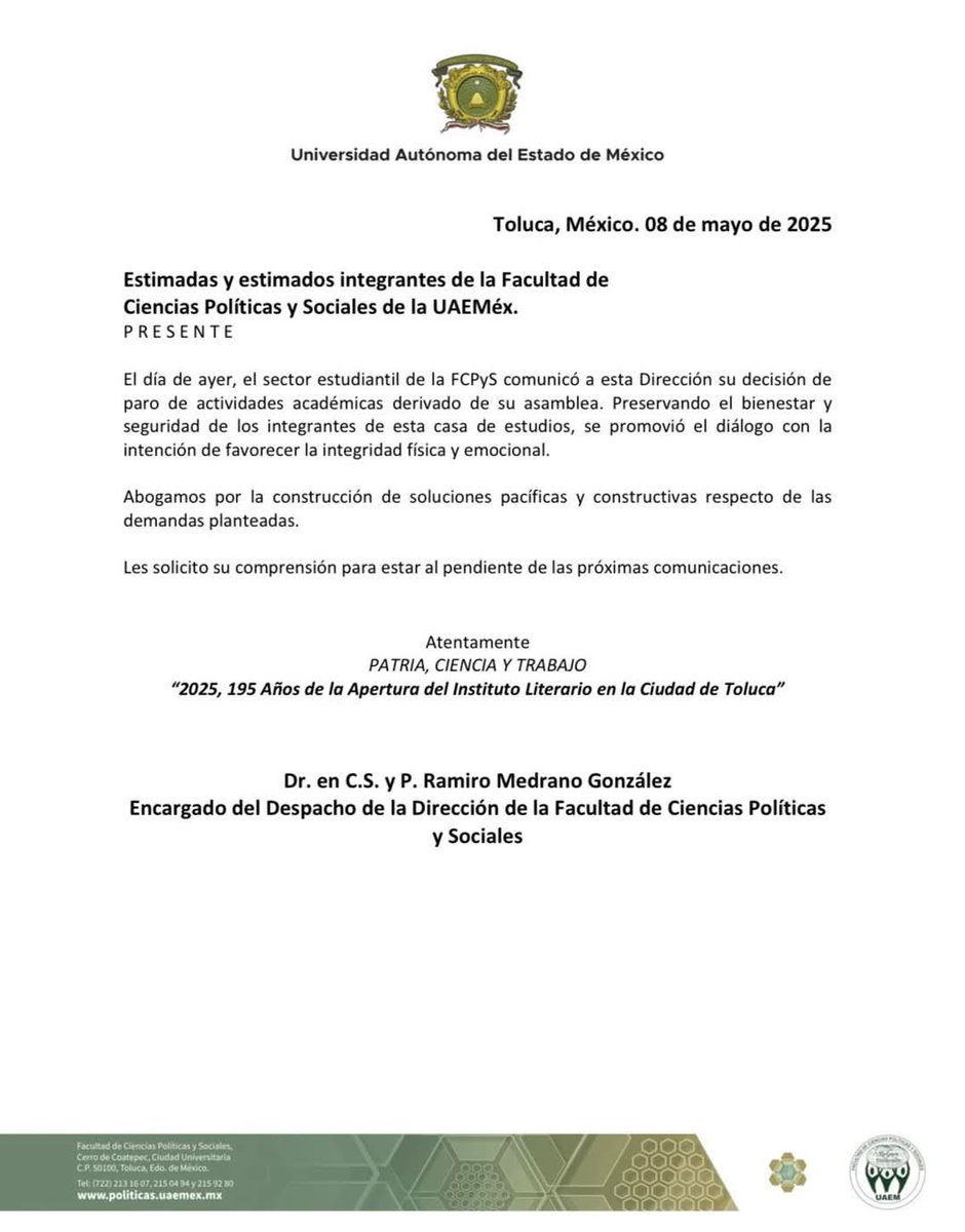 A nuestra comunidad de la FCPyS: