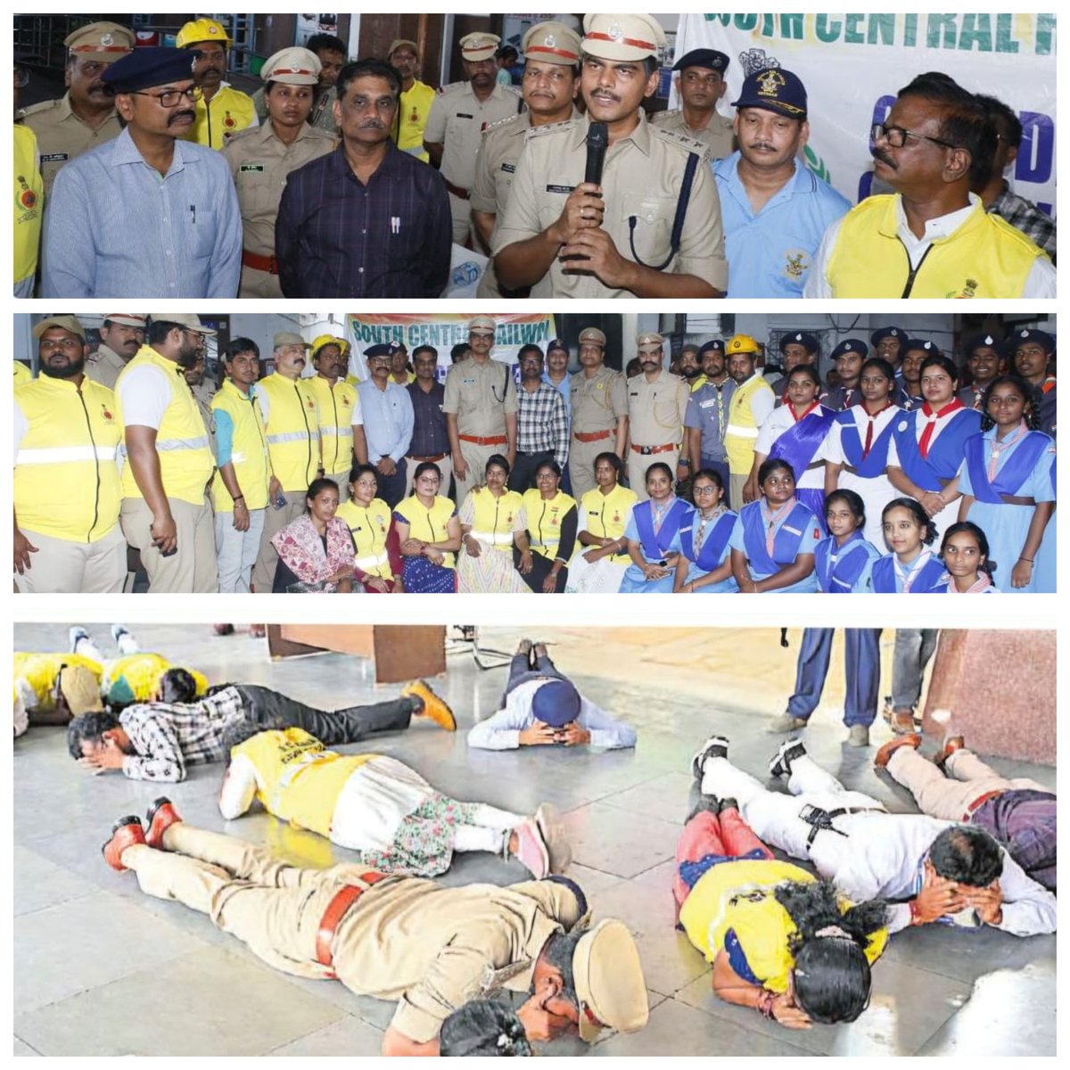 SCRCivilDefence's tweet photo. Civil Defence mock drill conducted at Kacheguda Rly stn. On 7th may supervised by Udaynath Kotla, Controller of Civil Defence &amp; DGM/G/SCR, included air raid sirens, rescue ops, blackout simulation, and public awareness activities.
@RailMinIndia @MHAIndia @DGFSCDHG @SCRailwayIndia https://t.co/ESJdqtHPVH
