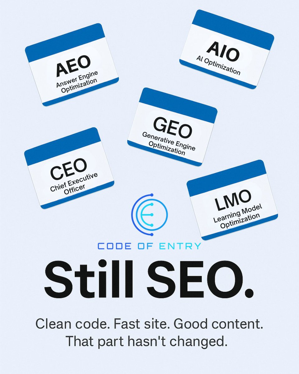 codeofentry's tweet image. 🚨 New acronym just dropped… again.
AEO, AIO, CEO, GEO, LMO—whatever you call it, it’s still SEO.
AI or not, clarity, relevance & value win.
🧠 Solve real problems. Give real answers.
#CodeOfEntry #AISEO #KeepItSimple #ContentStrategy