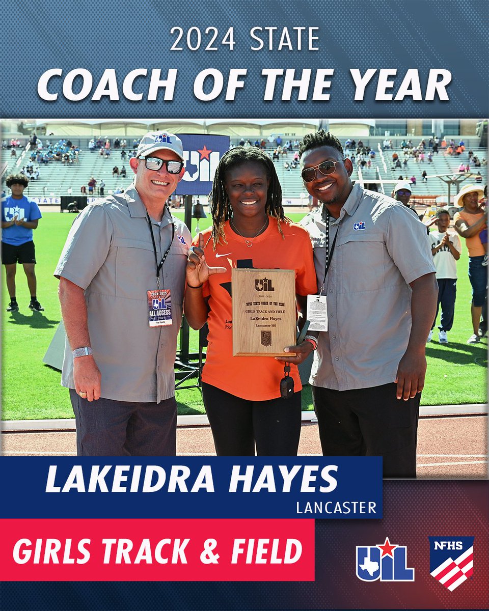 Texas UIL (@uiltexas) on Twitter photo We were proud to recognize the 2024 State Track & Field Coaches of the Year at #UILState! 👏
🏃♂️ BOYS: Aundra Long, <a href="/ICPioneersTF/">Iowa Colony Track & Field</a>
🏃♀️ GIRLS: LaKeidra Hayes, <a href="/WeboGirlsTrack/">Lancaster Lady Tigers Track & Field</a> We were proud to recognize the 2024 State Track & Field Coaches of the Year at #UILState! 👏
🏃♂️ BOYS: Aundra Long, <a href="/ICPioneersTF/">Iowa Colony Track & Field</a>
🏃♀️ GIRLS: LaKeidra Hayes, <a href="/WeboGirlsTrack/">Lancaster Lady Tigers Track & Field</a>