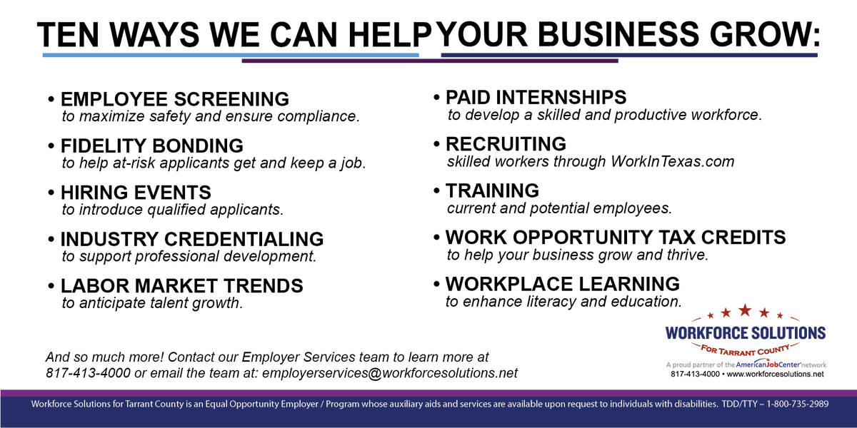 WSTC (FTW/Arl) (@wfstarrant) on Twitter photo Since 1996 <a href="/WfSTarrant/">WSTC (FTW/Arl)</a> has provided No-Cost SOLUTIONS for #employers of all sizes. Contact our #employer services team who stands ready to help your business reach the next level.
π» employerservices@workforcesolutions.net
π 817.413.4000
#SmallBizWeekTexas #growth Since 1996 <a href="/WfSTarrant/">WSTC (FTW/Arl)</a> has provided No-Cost SOLUTIONS for #employers of all sizes. Contact our #employer services team who stands ready to help your business reach the next level.
π» employerservices@workforcesolutions.net
π 817.413.4000
#SmallBizWeekTexas #growth