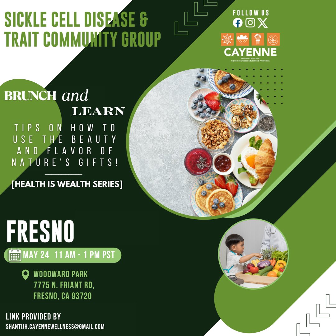 Fresno! Join us May 24 for a Brunch &amp; Learn

Explore nature’s gifts &amp; wellness tips at Woodward Park
🕚 11 AM–1 PM | RSVP via Shanti (email on flyer)

#HealthIsWealth #SickleCellAwareness #FresnoEvents