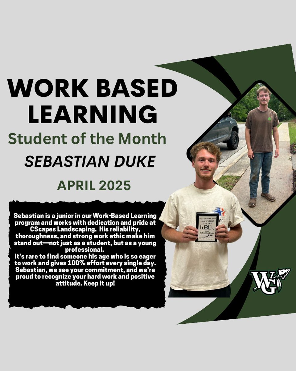 Sebastian is a junior in our WBL program and works with dedication and pride at CScapes Landscaping.  His reliability, thoroughness, and strong work ethic make him stand out not just as a student, but as a young professional.  Keep it Up!