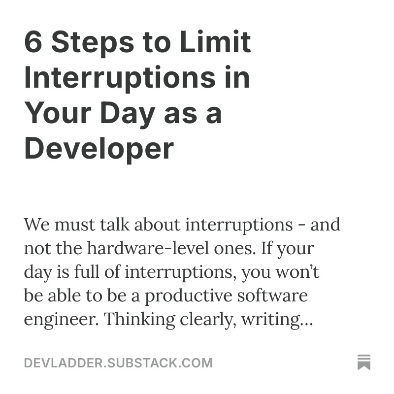 Tired of getting pinged out of your flow?
6 steps to limit interruptions without becoming a communication hermit:
devladder.substack.com/p/6-steps-to-l…
#DevLadder #Productivity #SoftwareEngineering