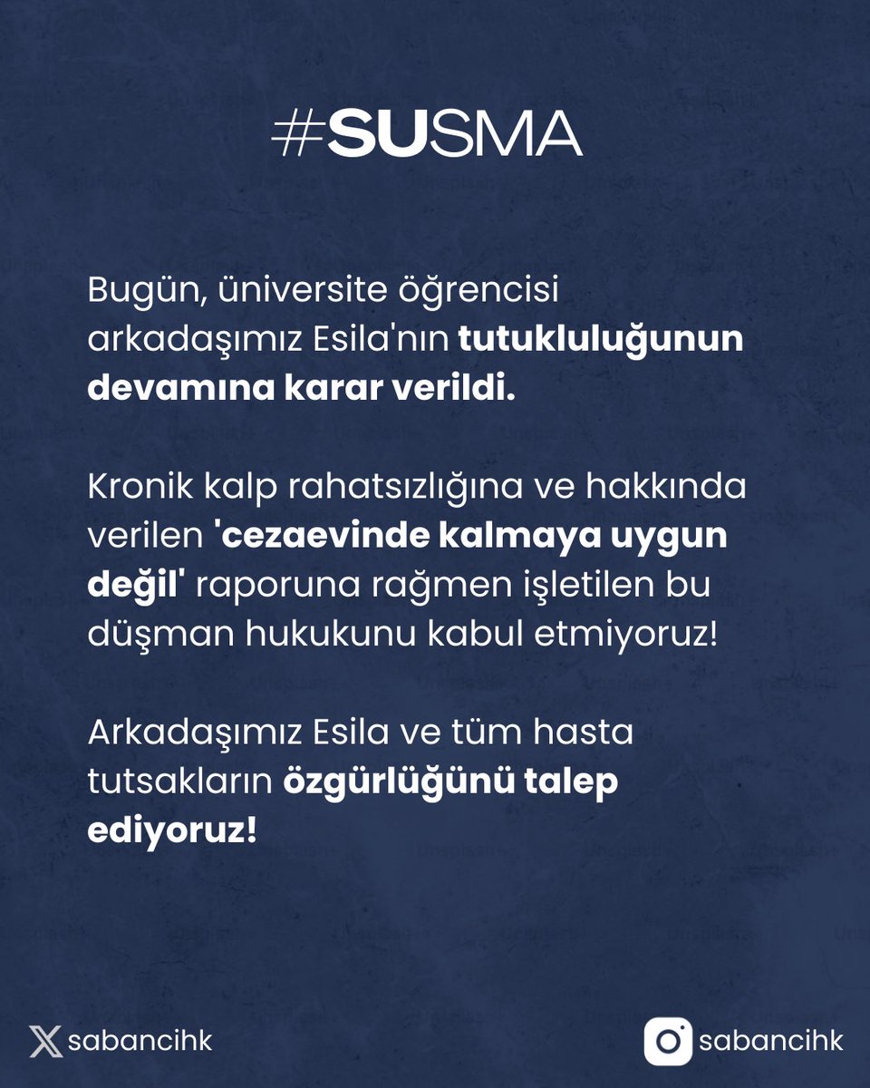 Bugün üniversiteli arkadaşımız Esila’nın ‘cezaevinde kalmaya uygun değil’ raporuna rağmen tutukluluğunun devamına karar verildi. #EsilaİçinAdalet #esilayıserbestbırakın