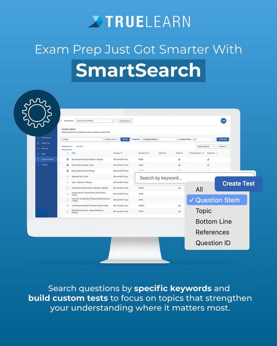 COMBANKmed's tweet image. Study Smarter with TrueLearn&apos;s Innovative SmartTools 🧠

Meet our SmartTool, SmartSearch! 

SmartSearch enables you to access questions by specific keywords and create customized tests. 

#study #studytool #healthcare #healthcarestudent #examprep #smartbank #truelearn