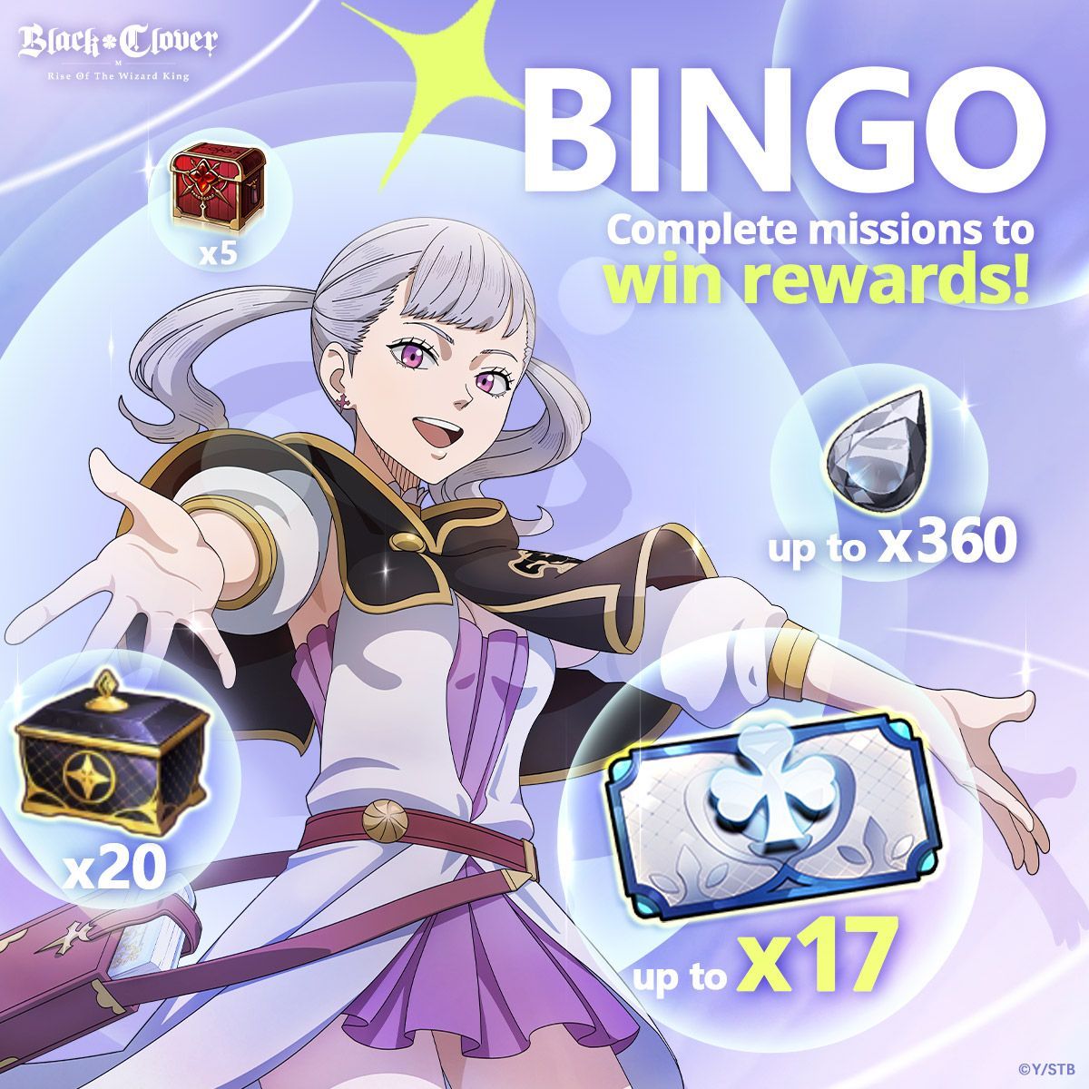 bclover_mobileg's tweet image. Bingo! | Time-Limited Event 🧭
Clear missions to get Black Crystals, Summon Tickets, Legendary Enchantment Stone Random Box and more 🎁
📅 Start: 2025/5/8 04:00 - 2025/5/20 03:59 ( Server Time )
#BlackClover #BlackCloverM #RiseOfTheWizardKing #Garena
