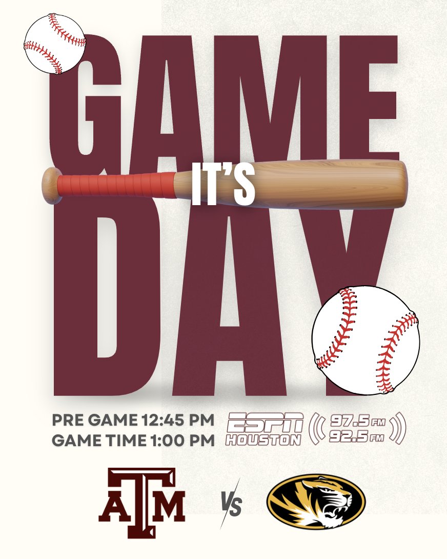 We’ve got you covered! ⚾️
We’re carrying the Texas A&amp;M vs Missouri baseball game today — first pitch is at 1 PM!
Tune in and catch every pitch, every play. 🎙️🔥

#TAMUBaseball #AggieBaseball #CollegeBaseball #GameDay #FirstPitch #GigEm #TexasBaseball #BaseballSeason