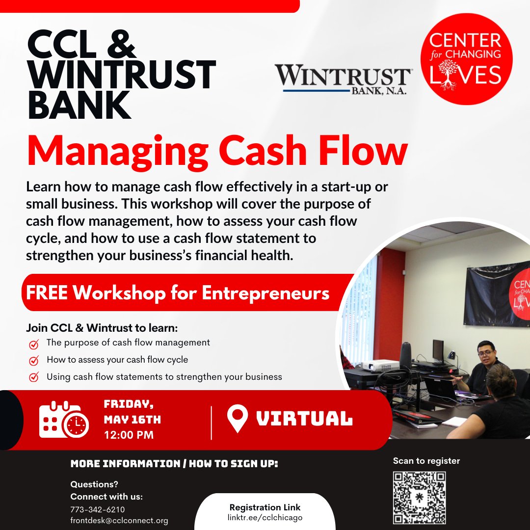 💼 FREE Virtual Workshop for Entrepreneurs in partnership with Wintrust Bank! Learn how to manage cash flow
📅 Friday, May 16
🕛 12:00 PM (Noon)
💻 Virtual
✍🏾Register at linktr.ee/cclchicago
#FreeWorkshop #Entrepreneurs #CashFlowBasics #WintrustBank #CCLChicago