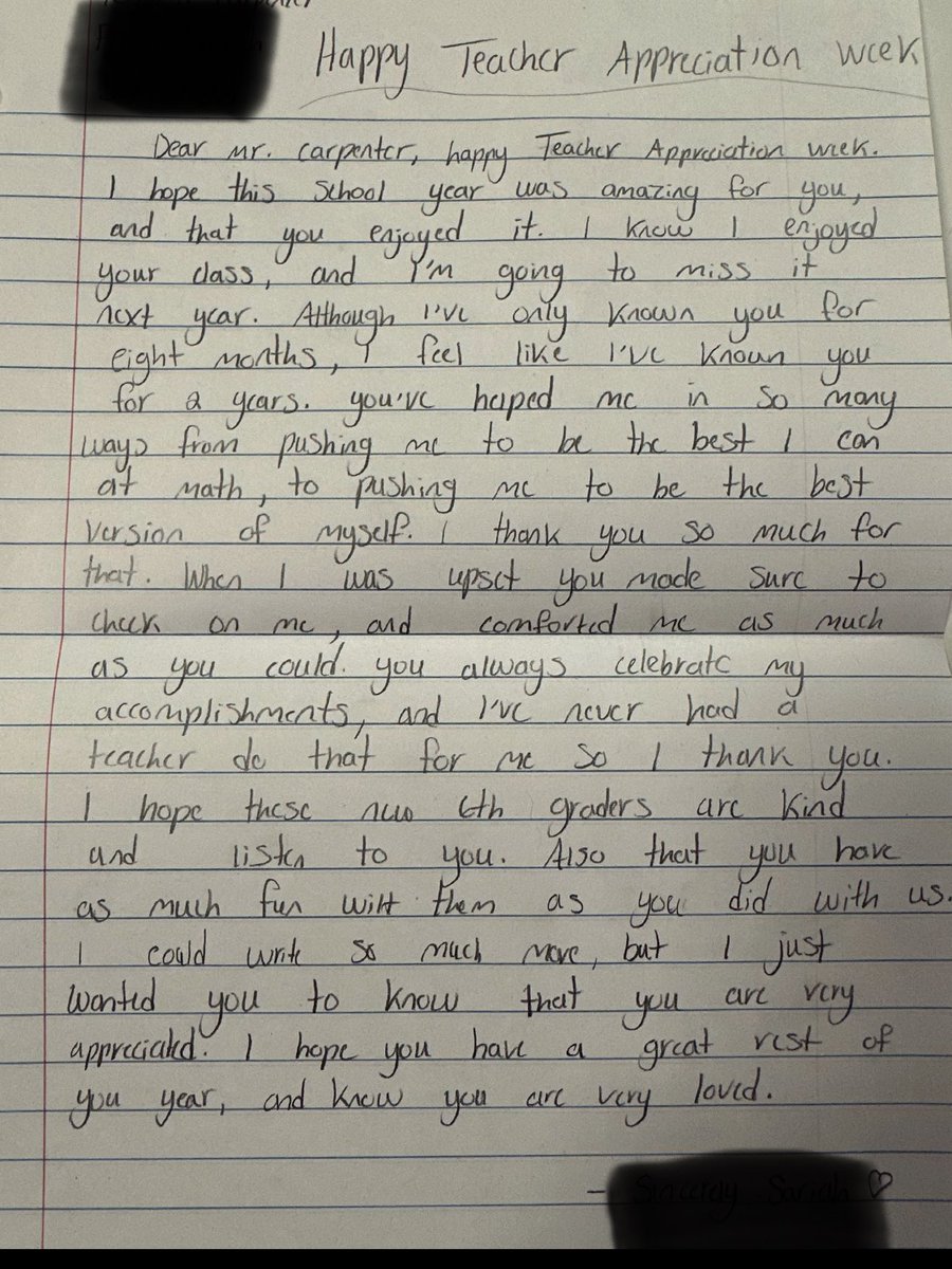 This is why I do it. This is why most of us still do it.  This is from one of my current 6th graders.