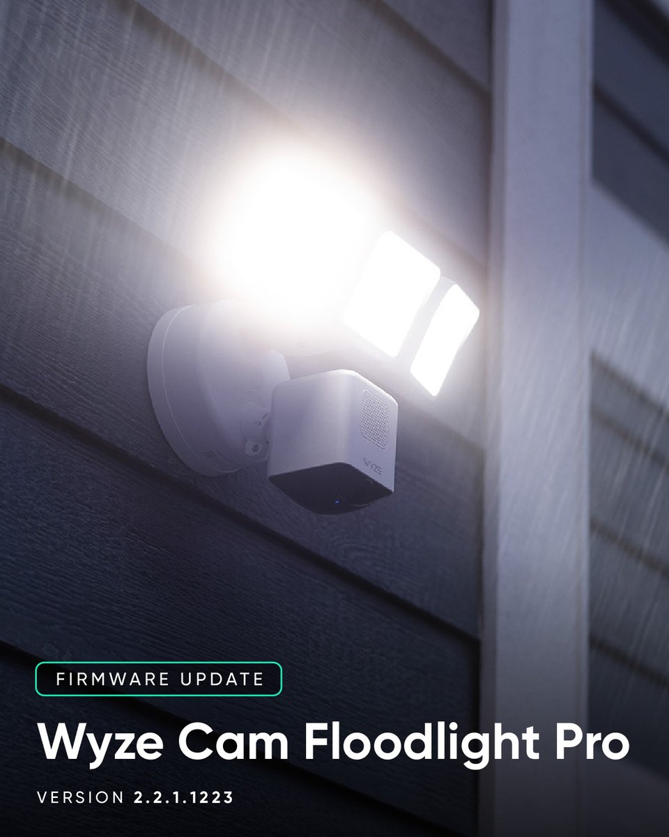 Today we are releasing firmware version 2.2.1.1223 for the Wyze Cam Floodlight Pro. This release brings the important security addition of SightSafe to another of our cameras.
 
Read our Release Notes:
go.wyze.com/releasenotes