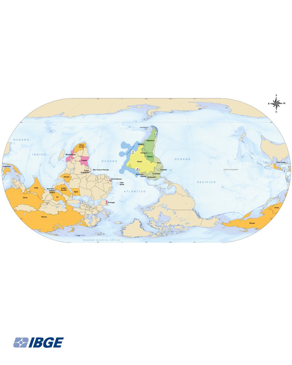 (1/4) 🌍✨ Você já viu o novo Mapa-múndi invertido do IBGE? Ele traz uma nova perspectiva do planeta, destacando o papel do Brasil no Sul Global. 🇧🇷🌎 No mapa, estão os países do BRICS, Mercosul, países de língua portuguesa, do bioma amazônico, além do
