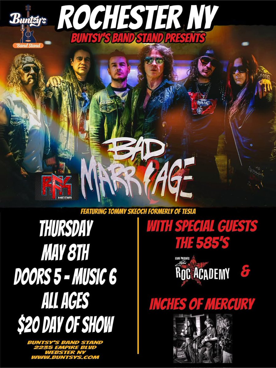Hey New York... Here we come... If you are in the Rochester NY area, get down to Buntsy's tonight for an evening of Rock n' Roll.

#OriginalRock 
#LiveMusic 
badmarriagemusic.com