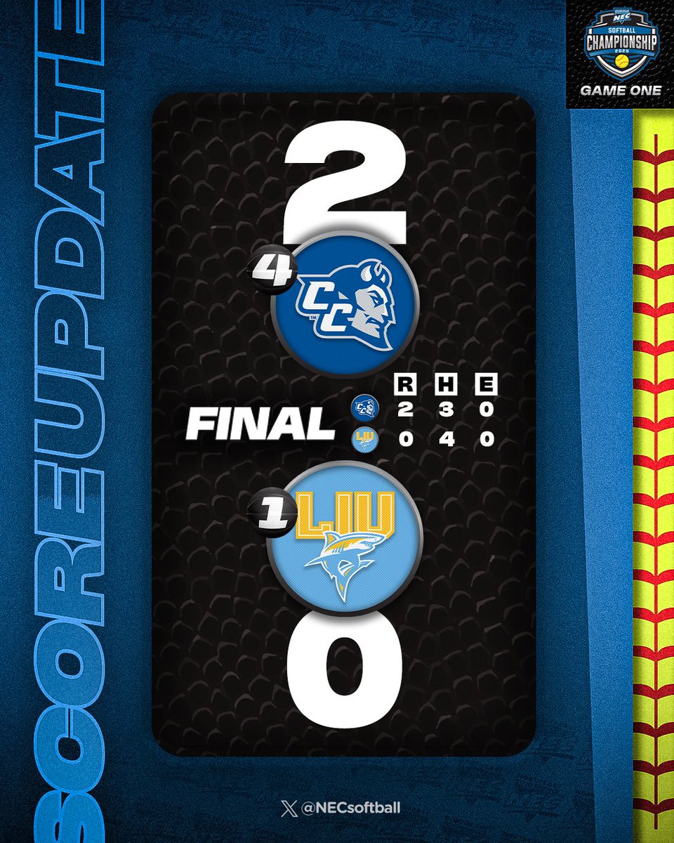 NEC Softball (@necsoftball) on Twitter photo 🚨🥎 𝗚𝗔𝗠𝗘 𝗢𝗡𝗘 𝗙𝗜𝗡𝗔𝗟
Abby Meehan's solo shot, KC Machado's RBI double leads #4 <a href="/CCSUsoftball/">CCSU Softball</a> past top-seeded LIU in Game One.
#NECsoftball x #NECchamps 🚨🥎 𝗚𝗔𝗠𝗘 𝗢𝗡𝗘 𝗙𝗜𝗡𝗔𝗟
Abby Meehan's solo shot, KC Machado's RBI double leads #4 <a href="/CCSUsoftball/">CCSU Softball</a> past top-seeded LIU in Game One.
#NECsoftball x #NECchamps