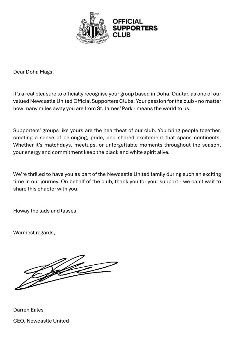 NewcastleQatar's tweet photo. We are absolutely delighted and honoured to be recognised by @NUFC as an official supporters club.
Hopefully we can all be added value to this growing community worldwide wide and play a part in this club’s success.
Howay The Lads
#NUFC #Qatar https://t.co/qrHEzZexFD