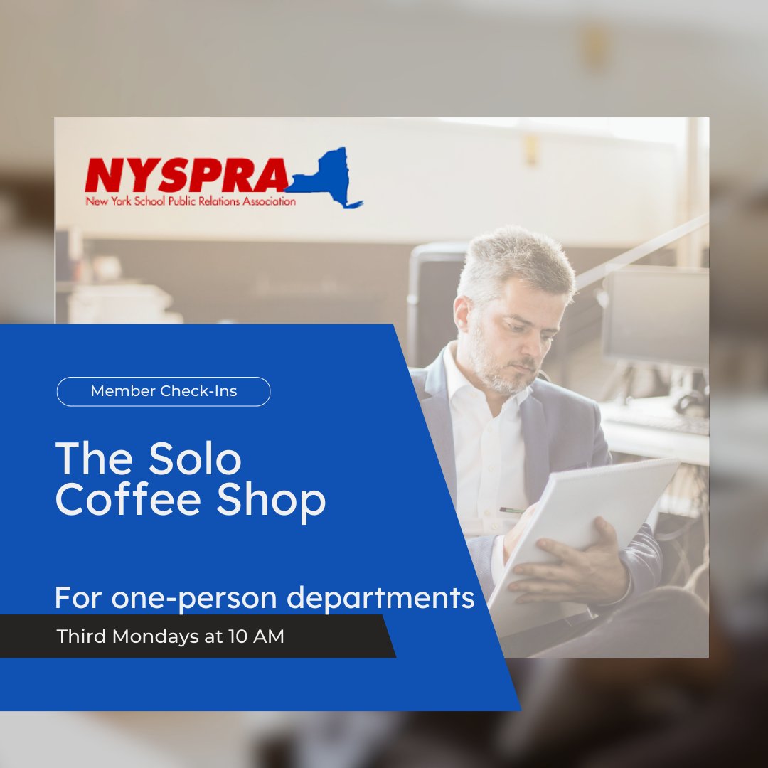 Join us today for our Solo Coffee Shop Monthly Member Check In!

Email the nyspra email for the google meet link!

#NYSPRA #MonthlyMemberCheckIn