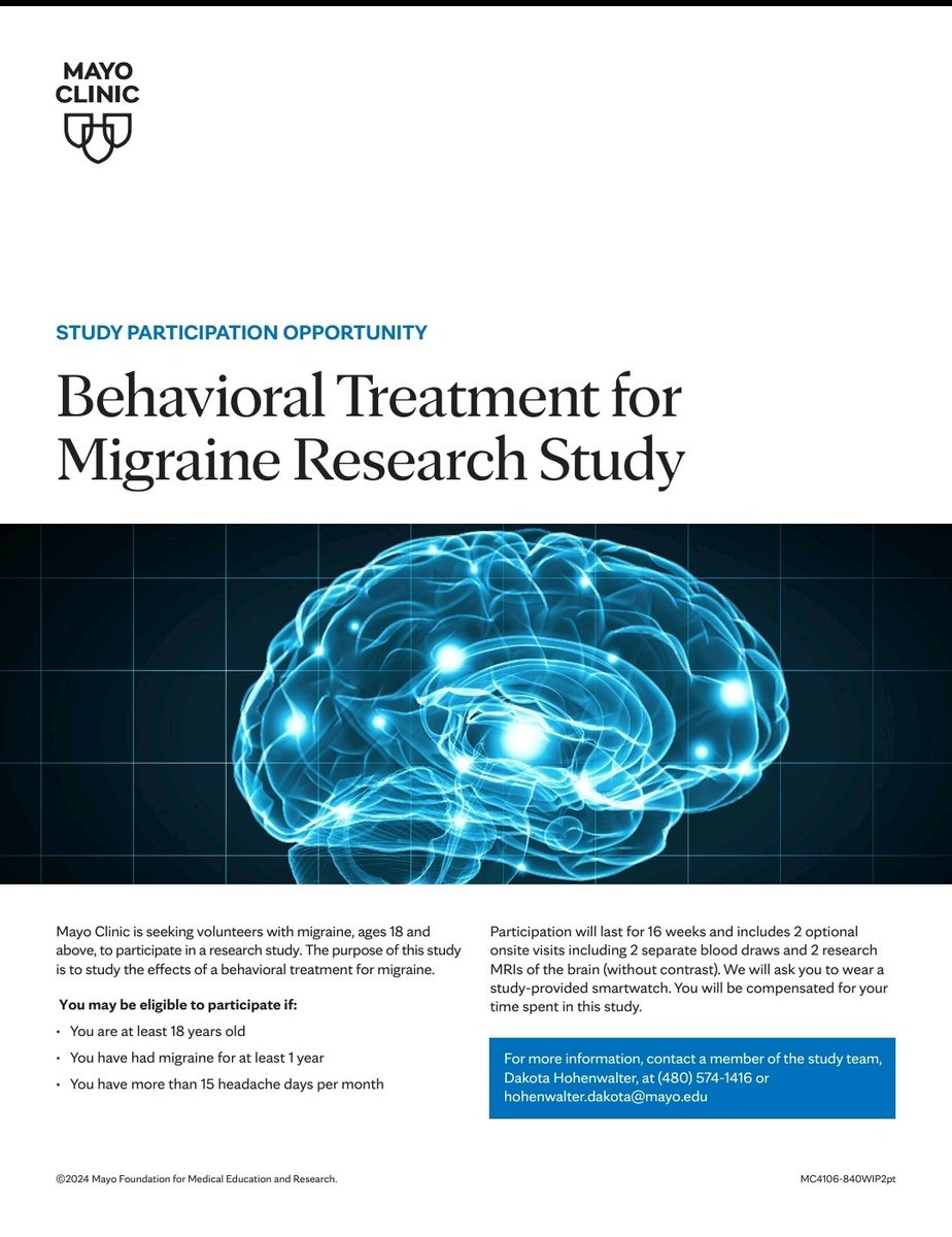 Got migraines? Join Mayo Clinic’s nationwide virtual study on #migraine treatment! 18+, 1+ year of migraines, 15+ headache days/month? Qualify for 16 weeks, wear a smartwatch, optional visits (blood draws, MRIs). Get compensated! Call (480) 574-1416 hohenwalter.dakota@mayo.edu