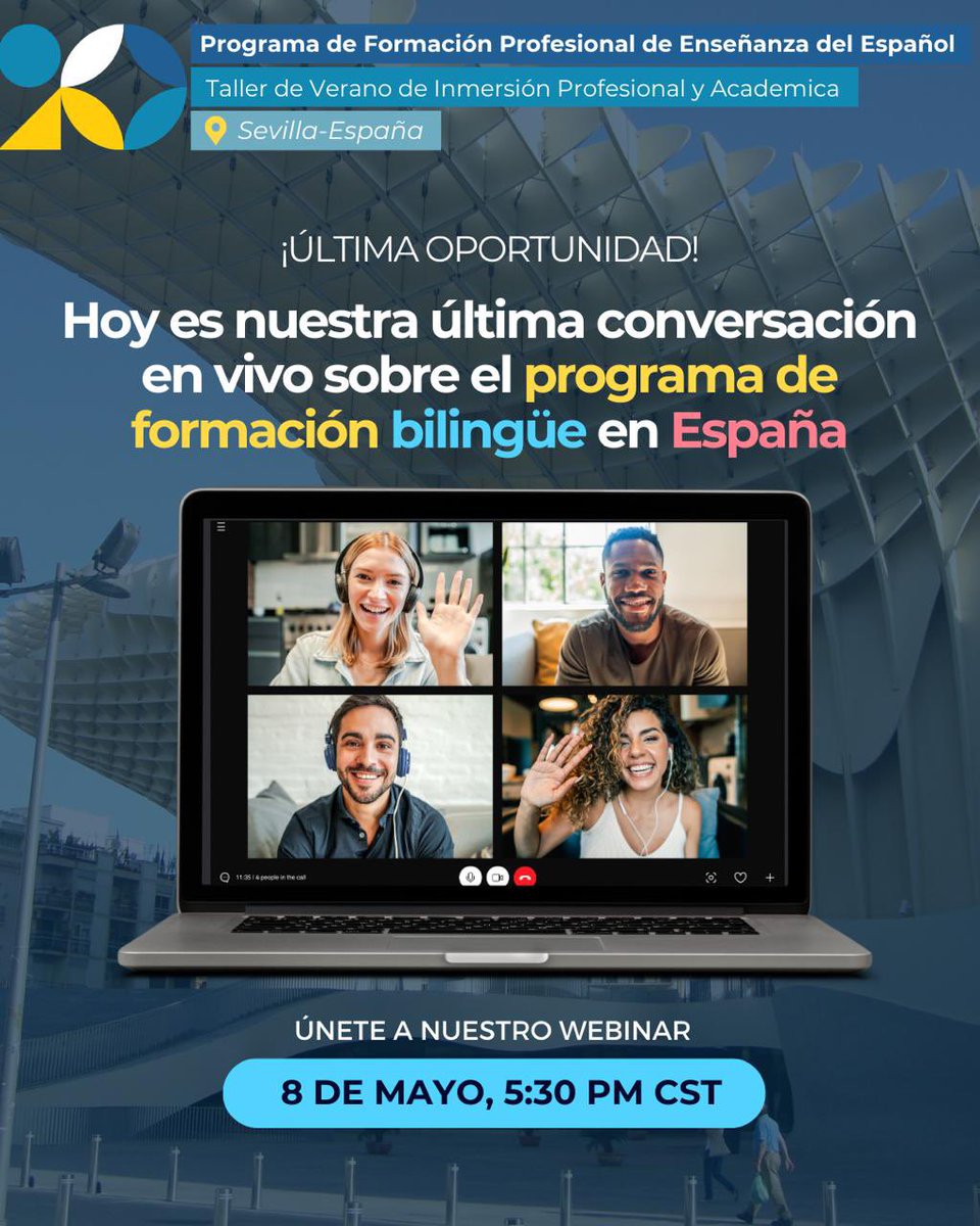 Today is our last live conversation on bilingual teacher training in Spain 🇪🇸
Hear directly from those who created this inspiring immersion experience in Sevilla.
🗓️ May 8, 5:30 PM CT
🔗 Register: forms.gle/HzoaJVp1KHghHr…
🌐 Zoom: us06web.zoom.us/j/89118018815?…