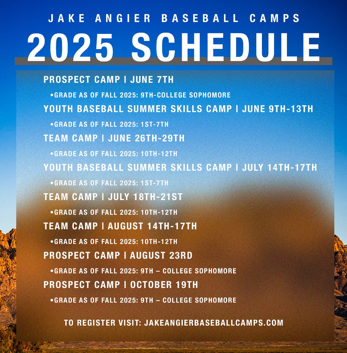 We have a full slate this summer. Check out our dates below! 👇 

⚾️Prospect camps
⚾️Youth Skills Camps
⚾️Team Camps

All great opportunities to learn and get better!

Follow the link at the bottom of the picture. 🤠🆙