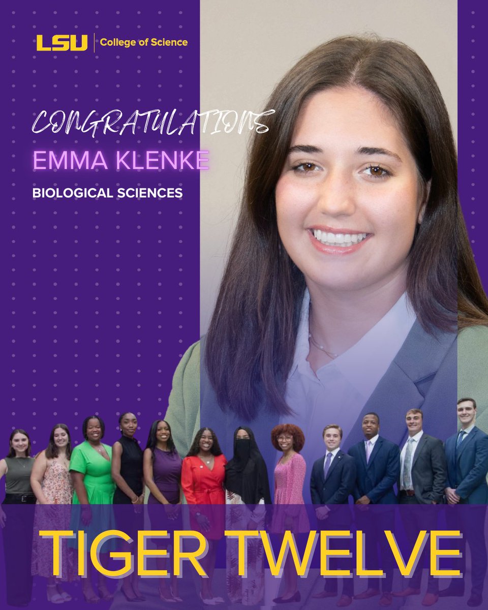 LSU College of Science (@lsuscience) on Twitter photo Each spring, LSU recognizes 12 outstanding seniors who contribute to campus life, the community, and/or society. Congratulations to Emma Klenke, <a href="/LSU_BioSci/">LSU Department of Biological Sciences</a> major, for representing the College of Science in the Tiger Twelve Class of 2025—what an incredible achievement! 🐯👏 Each spring, LSU recognizes 12 outstanding seniors who contribute to campus life, the community, and/or society. Congratulations to Emma Klenke, <a href="/LSU_BioSci/">LSU Department of Biological Sciences</a> major, for representing the College of Science in the Tiger Twelve Class of 2025—what an incredible achievement! 🐯👏
