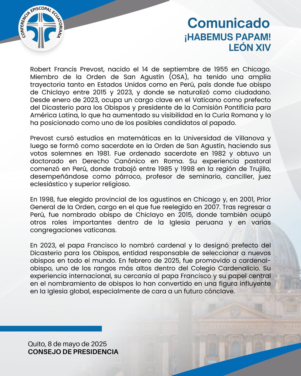 ¡HABEMUS PAPAM!

El cardenal Robert Francis Prevost ha sido elegido como el Papa León XIV, 267º sucesor de San Pedro.
Damos gracias a Dios y al Espíritu Santo por guiarnos en este tiempo de discernimiento. Caminamos juntos en la esperanza que no defrauda.  #PapaLeónXIV