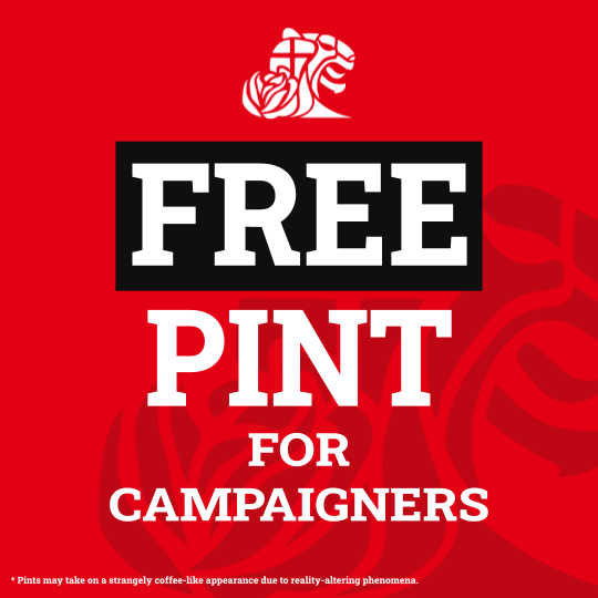 Elections can be tough. We're helping to make that statement less true.

Dean's Inns will deliver a FREE pint to every campaigner Dean himself personally sees on Westbridge until voting begins on May 10th.

Get yourself one today, canvassers! 🍻