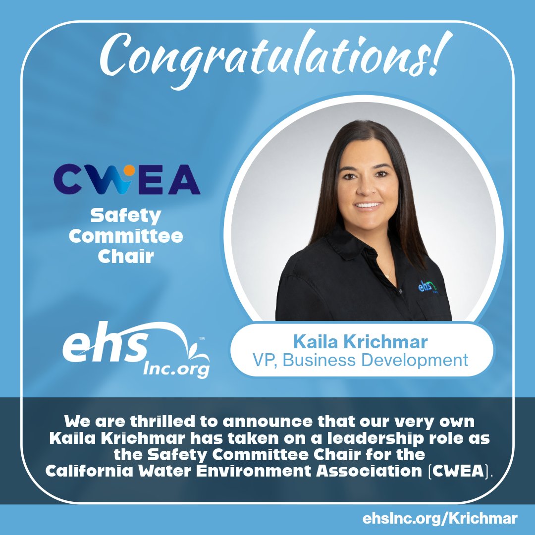 🎉 Big congratulations to our very own Kaila Krichmar on being named the new Safety Committee Chair for the <a href="/cwea/">CWEA</a>  California Water Environment Association! 👷‍♀️👷‍♂️
Your dedication to workplace safety and leadership in the industry continue to inspire us all. 
#CWEA #ehsInc