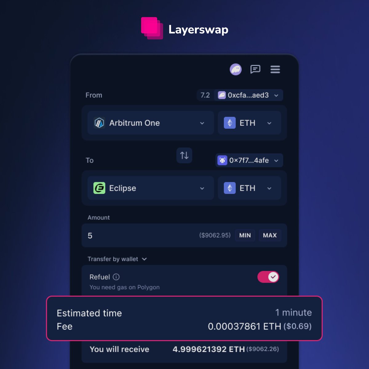 Transfers to <a href="/EclipseFND/">Eclipse (🐮,🌑)</a> via Layerswap

⚡ Fast
💸 Affordable
🤝 Hassle-free