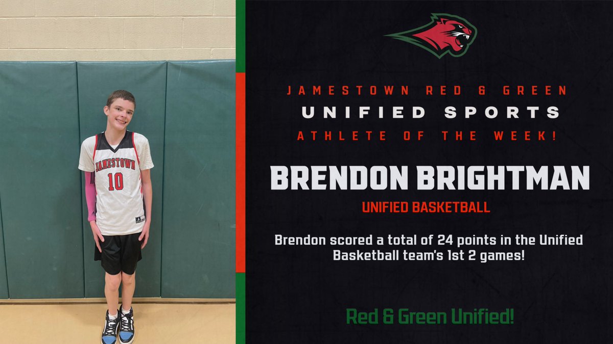 Jamestown Red & Green (@jhsredgreen) on Twitter photo Congratulations to the JHS Unified Athlete of the Week: Brendon Brightman!
<a href="/JamestownSchool/">Jamestown Public Schools</a> Congratulations to the JHS Unified Athlete of the Week: Brendon Brightman!
<a href="/JamestownSchool/">Jamestown Public Schools</a>